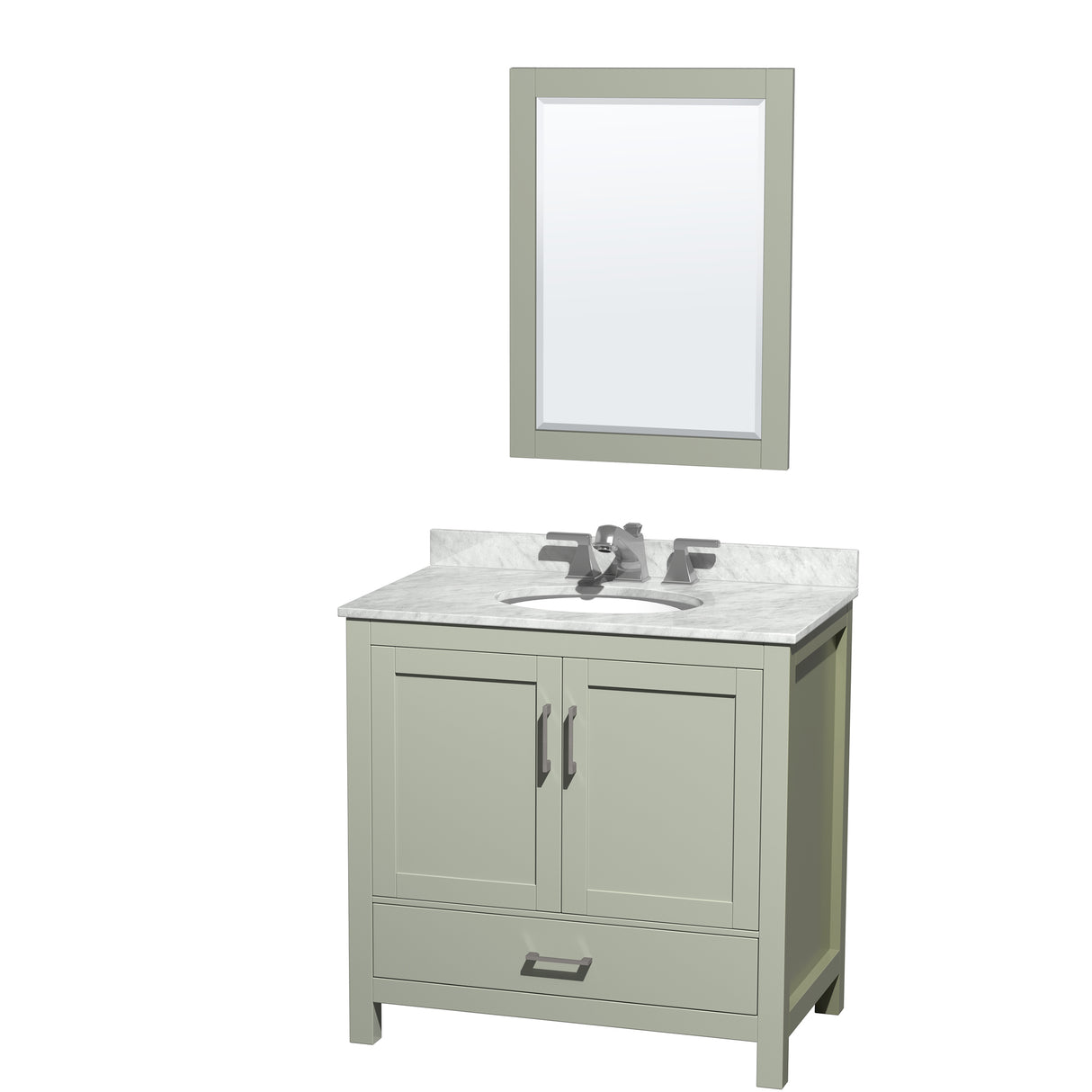 Sheffield 36 inch Single Bathroom Vanity in Light Green White Carrara Marble Countertop Undermount Oval Sink Brushed Nickel Trim 24 inch Mirror