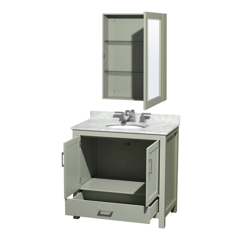 Sheffield 36 inch Single Bathroom Vanity in Light Green White Carrara Marble Countertop Undermount Oval Sink Brushed Nickel Trim Medicine Cabinet