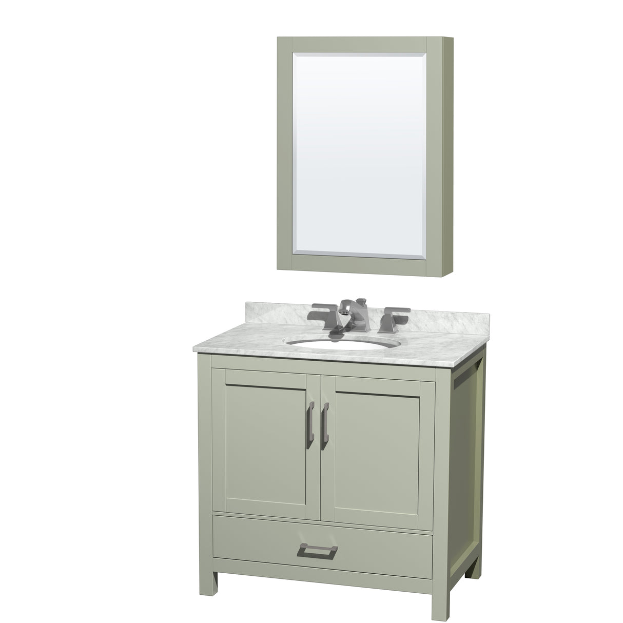 Sheffield 36 inch Single Bathroom Vanity in Light Green White Carrara Marble Countertop Undermount Oval Sink Brushed Nickel Trim Medicine Cabinet