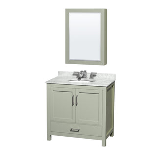 Sheffield 36 inch Single Bathroom Vanity in Light Green White Carrara Marble Countertop Undermount Oval Sink Brushed Nickel Trim Medicine Cabinet