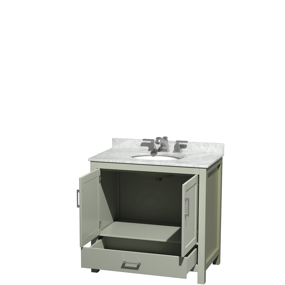 Sheffield 36 inch Single Bathroom Vanity in Light Green White Carrara Marble Countertop Undermount Oval Sink Brushed Nickel Trim