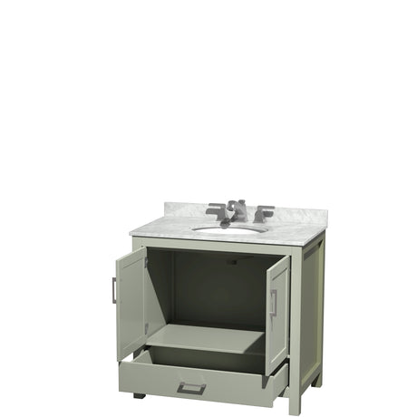 Sheffield 36 inch Single Bathroom Vanity in Light Green White Carrara Marble Countertop Undermount Oval Sink Brushed Nickel Trim