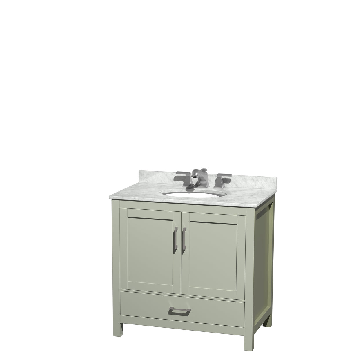 Sheffield 36 inch Single Bathroom Vanity in Light Green White Carrara Marble Countertop Undermount Oval Sink Brushed Nickel Trim