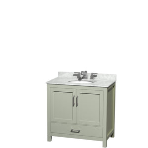 Sheffield 36 inch Single Bathroom Vanity in Light Green White Carrara Marble Countertop Undermount Oval Sink Brushed Nickel Trim