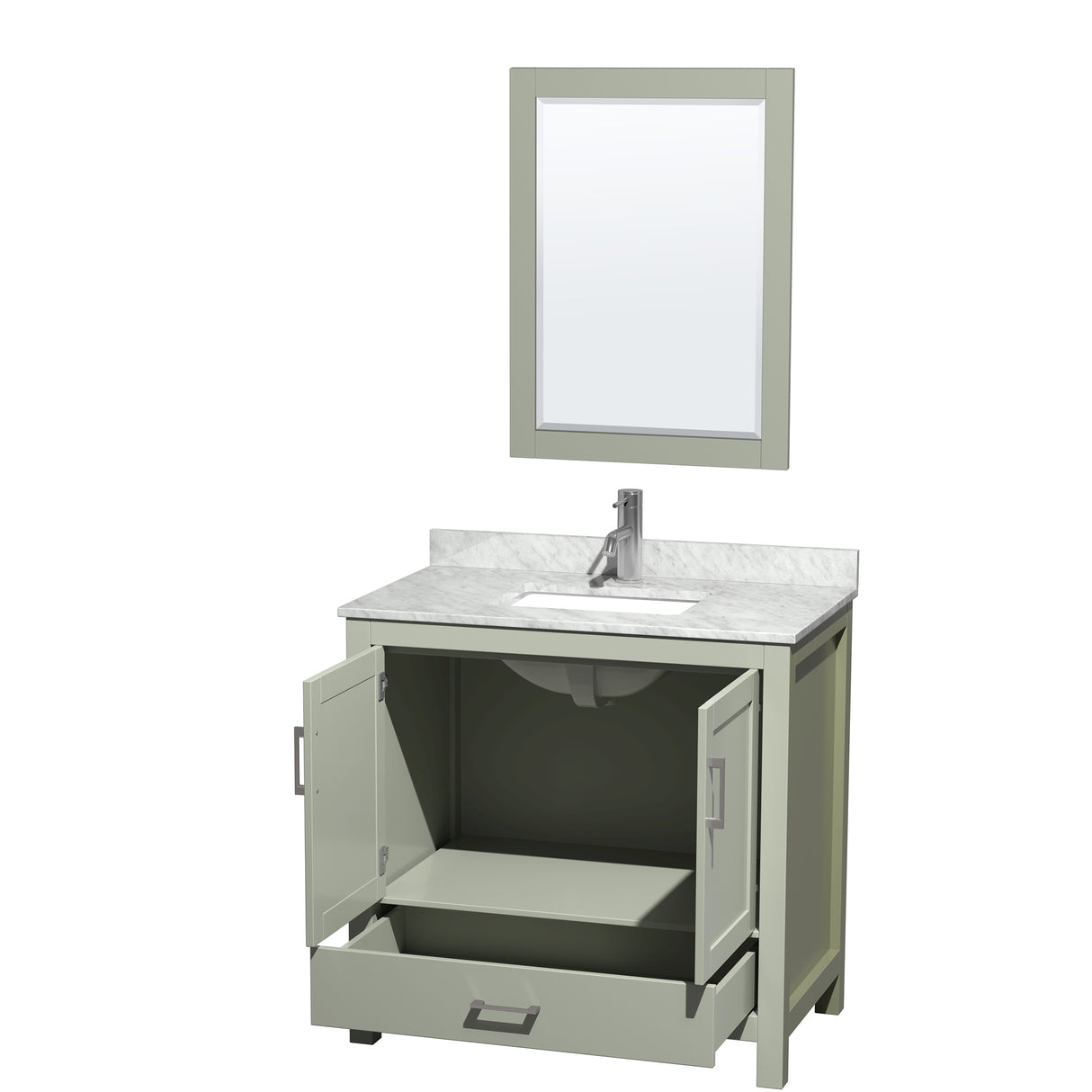 Sheffield 36 inch Single Bathroom Vanity in Light Green White Carrara Marble Countertop Undermount Square Sink Brushed Nickel Trim 24 inch Mirror