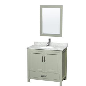 Sheffield 36 inch Single Bathroom Vanity in Light Green White Carrara Marble Countertop Undermount Square Sink Brushed Nickel Trim 24 inch Mirror