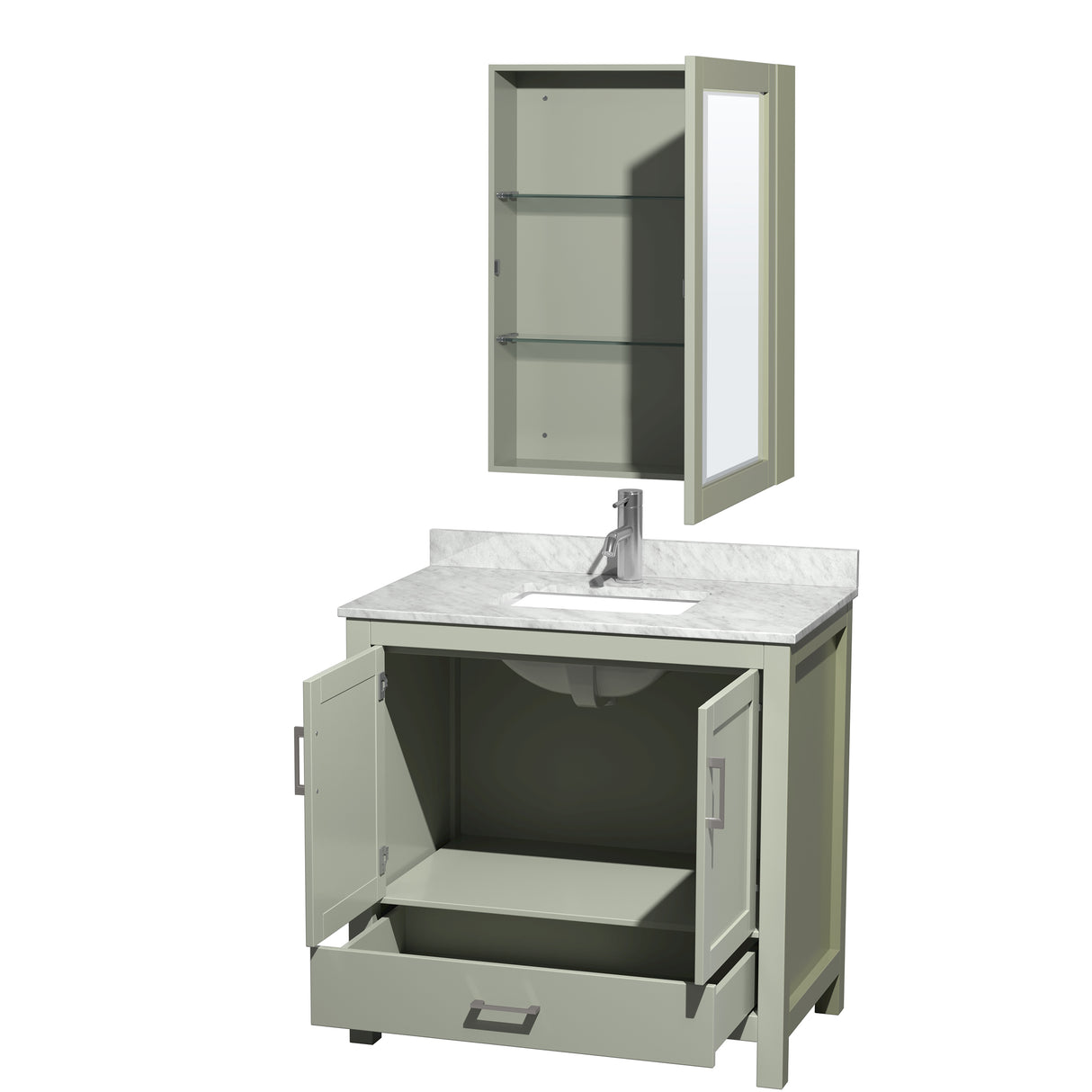 Sheffield 36 inch Single Bathroom Vanity in Light Green White Carrara Marble Countertop Undermount Square Sink Brushed Nickel Trim Medicine Cabinet