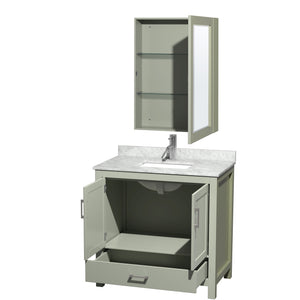 Sheffield 36 inch Single Bathroom Vanity in Light Green White Carrara Marble Countertop Undermount Square Sink Brushed Nickel Trim Medicine Cabinet
