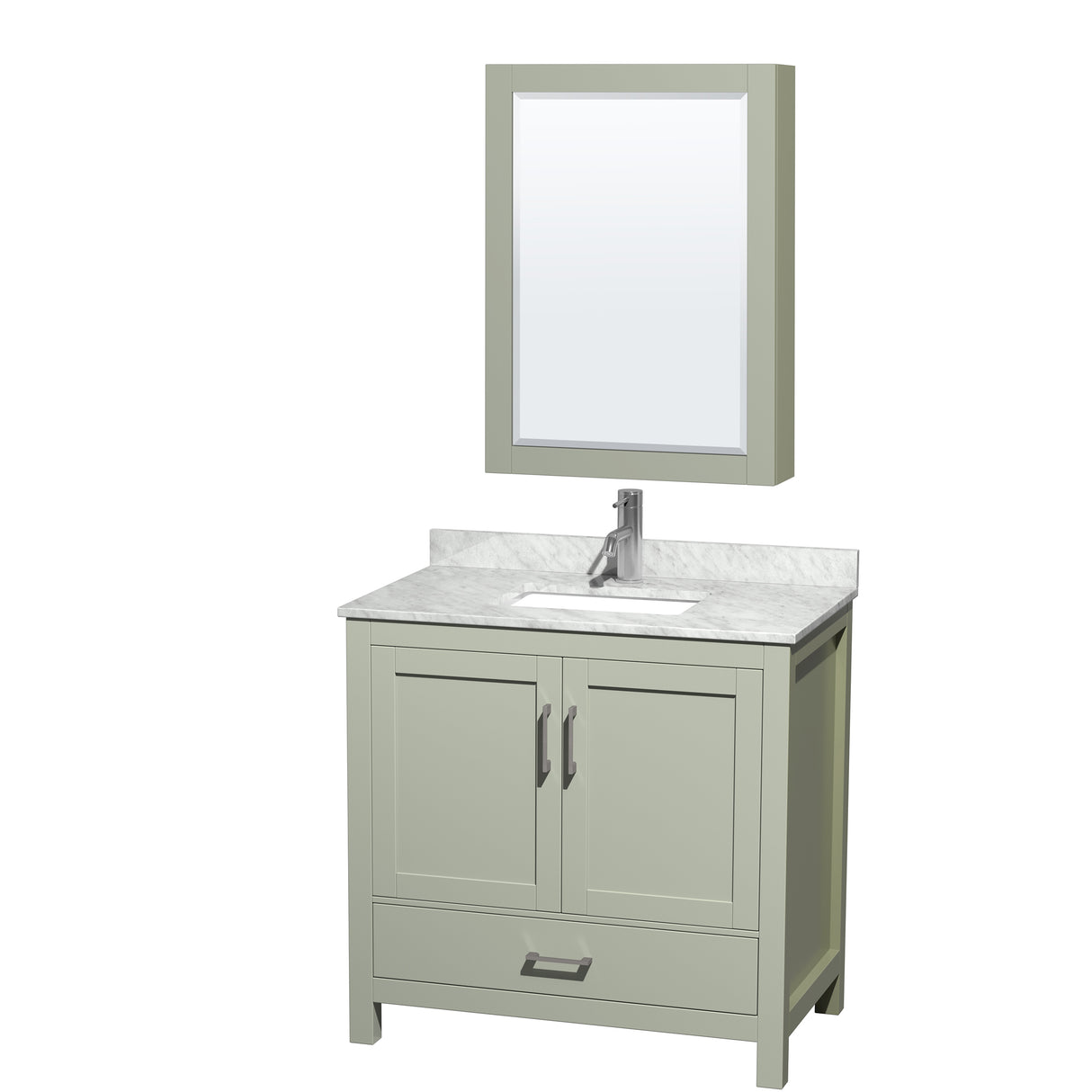 Sheffield 36 inch Single Bathroom Vanity in Light Green White Carrara Marble Countertop Undermount Square Sink Brushed Nickel Trim Medicine Cabinet