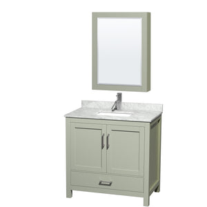 Sheffield 36 inch Single Bathroom Vanity in Light Green White Carrara Marble Countertop Undermount Square Sink Brushed Nickel Trim Medicine Cabinet