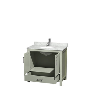Sheffield 36 inch Single Bathroom Vanity in Light Green White Carrara Marble Countertop Undermount Square Sink Brushed Nickel Trim