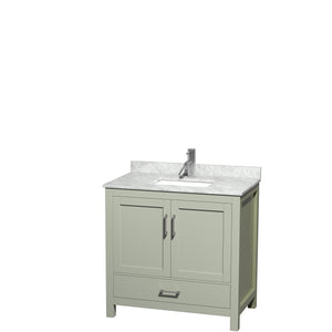 Sheffield 36 inch Single Bathroom Vanity in Light Green White Carrara Marble Countertop Undermount Square Sink Brushed Nickel Trim