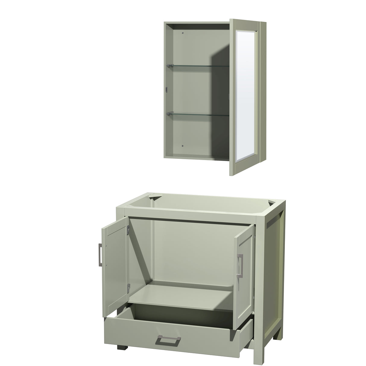 Sheffield 36 inch Single Bathroom Vanity in Light Green No Countertop No Sink Brushed Nickel Trim Medicine Cabinet