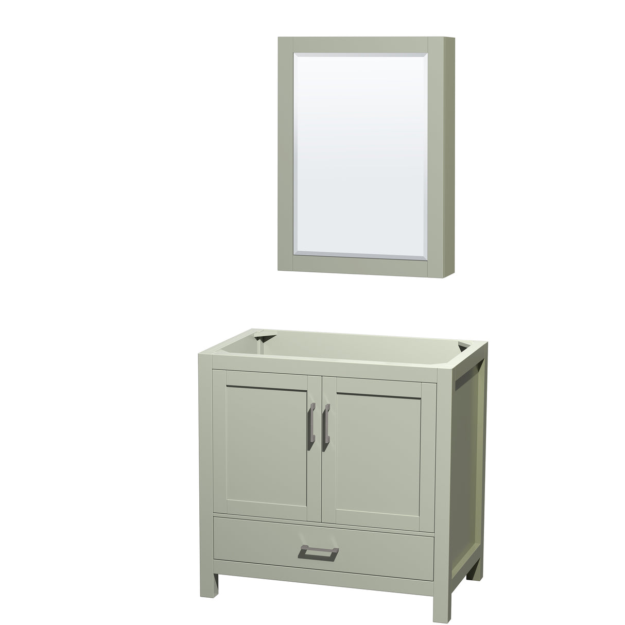 Sheffield 36 inch Single Bathroom Vanity in Light Green No Countertop No Sink Brushed Nickel Trim Medicine Cabinet