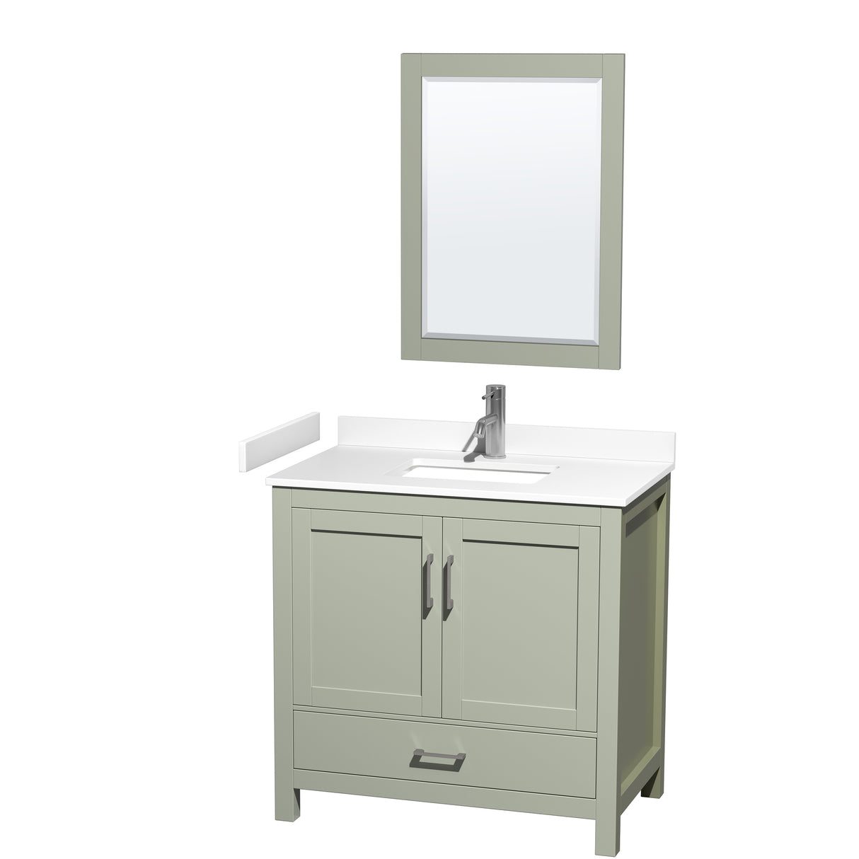 Sheffield 36 inch Single Bathroom Vanity in Light Green White Cultured Marble Countertop Undermount Square Sink Brushed Nickel Trim 24 inch Mirror