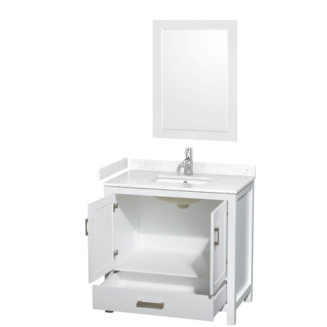 Sheffield 36 Inch Single Bathroom Vanity in White Carrara Cultured Marble Countertop Undermount Square Sink 24 Inch Mirror