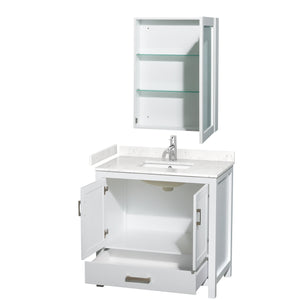Sheffield 36 Inch Single Bathroom Vanity in White Carrara Cultured Marble Countertop Undermount Square Sink Medicine Cabinet