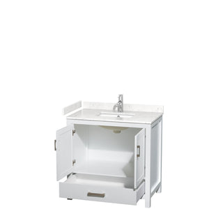 Sheffield 36 Inch Single Bathroom Vanity in White Carrara Cultured Marble Countertop Undermount Square Sink No Mirror