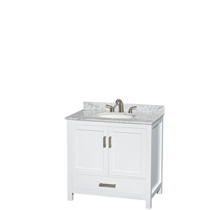Sheffield 36 Inch Single Bathroom Vanity in White White Carrara Marble Countertop Undermount Oval Sink and 24 Inch Mirror