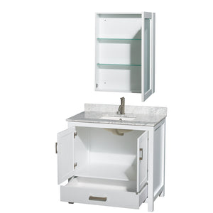 Sheffield 36 Inch Single Bathroom Vanity in White White Carrara Marble Countertop Undermount Square Sink and Medicine Cabinet