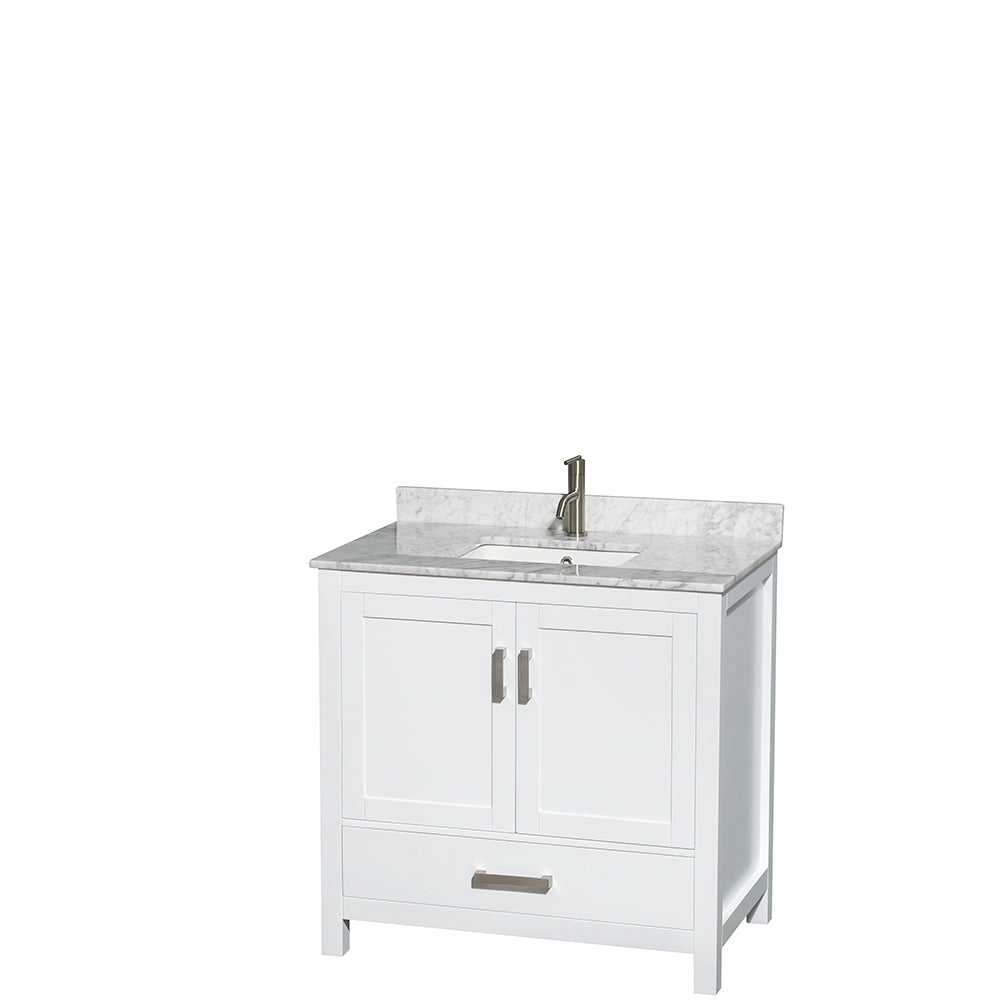 Sheffield 36 Inch Single Bathroom Vanity in White White Carrara Marble Countertop Undermount Square Sink and Medicine Cabinet