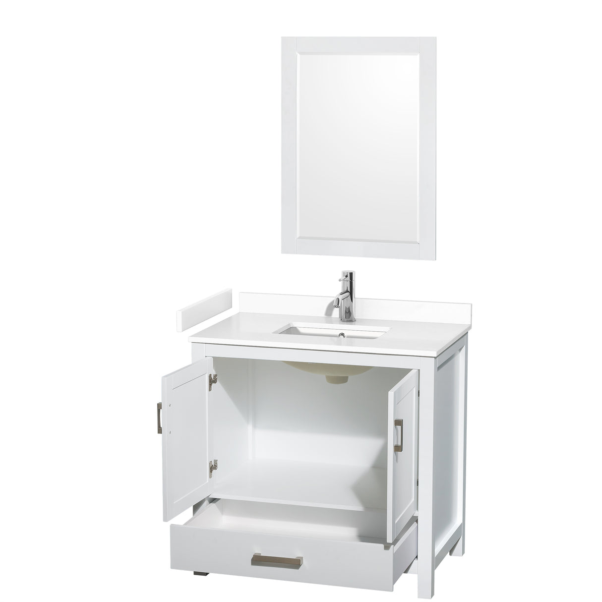 Sheffield 36 Inch Single Bathroom Vanity in White White Cultured Marble Countertop Undermount Square Sink 24 Inch Mirror