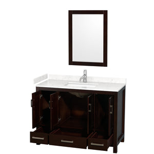 Sheffield 48 Inch Single Bathroom Vanity in Espresso Carrara Cultured Marble Countertop Undermount Square Sink 24 Inch Mirror