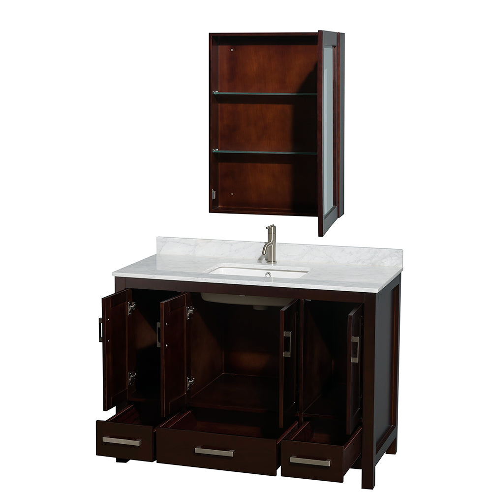 Sheffield 48 Inch Single Bathroom Vanity in Espresso White Carrara Marble Countertop Undermount Square Sink and Medicine Cabinet