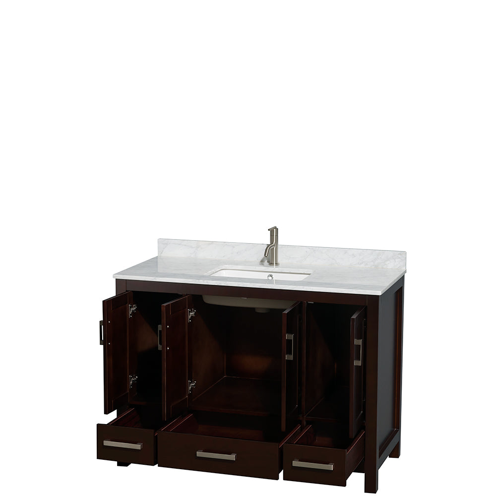 Sheffield 48 Inch Single Bathroom Vanity in Espresso White Carrara Marble Countertop Undermount Square Sink and No Mirror