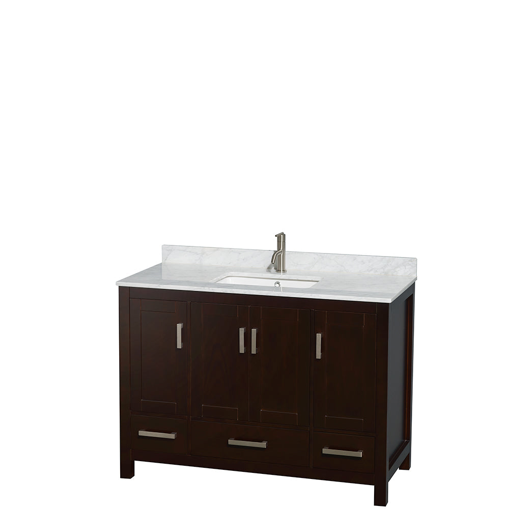 Sheffield 48 Inch Single Bathroom Vanity in Espresso White Carrara Marble Countertop Undermount Square Sink and Medicine Cabinet