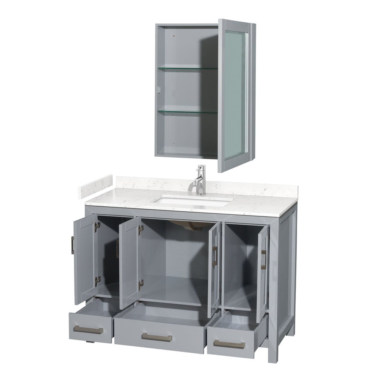 Sheffield 48 Inch Single Bathroom Vanity in Gray Carrara Cultured Marble Countertop Undermount Square Sink Medicine Cabinet