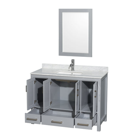 Sheffield 48 Inch Single Bathroom Vanity in Gray White Carrara Marble Countertop Undermount Square Sink and 24 Inch Mirror