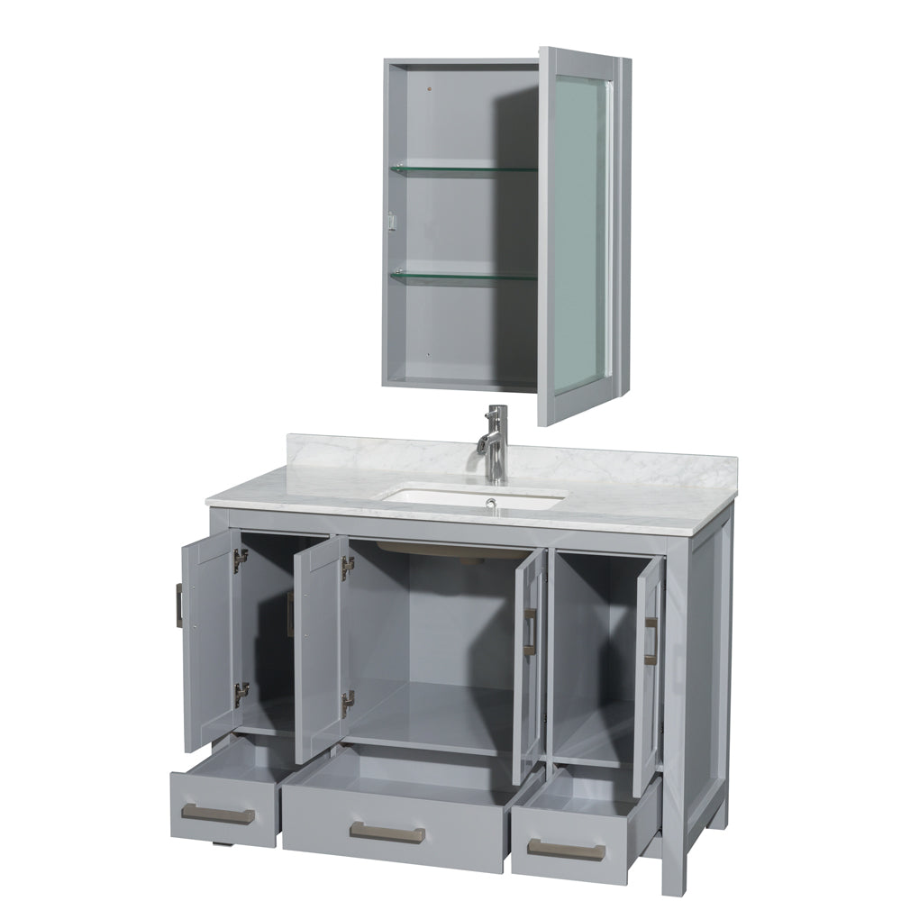 Sheffield 48 Inch Single Bathroom Vanity in Gray White Carrara Marble Countertop Undermount Square Sink and Medicine Cabinet