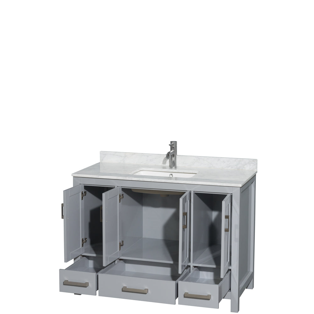 Sheffield 48 Inch Single Bathroom Vanity in Gray White Carrara Marble Countertop Undermount Square Sink and No Mirror