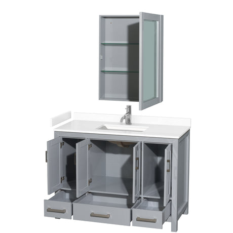 Sheffield 48 Inch Single Bathroom Vanity in Gray White Cultured Marble Countertop Undermount Square Sink Medicine Cabinet