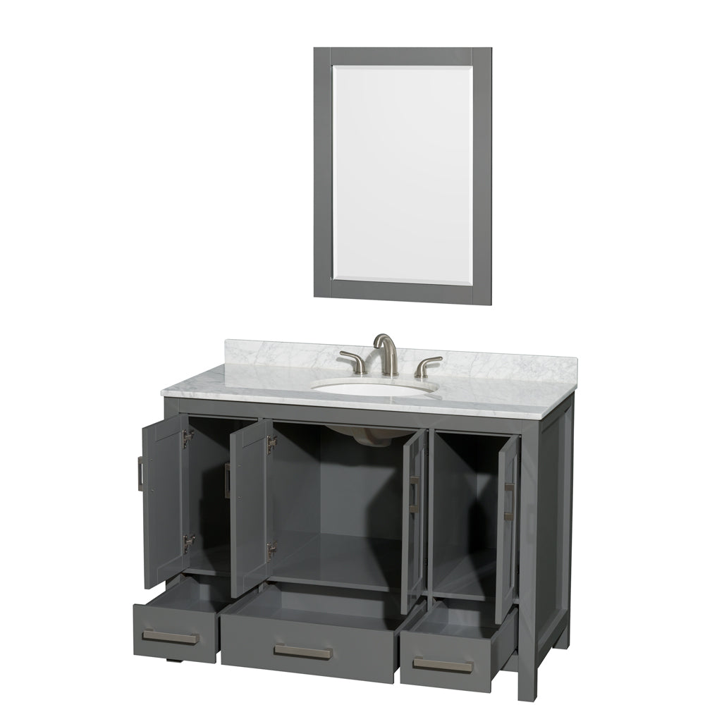 Sheffield 48 Inch Single Bathroom Vanity in Dark Gray White Carrara Marble Countertop Undermount Oval Sink and 24 Inch Mirror