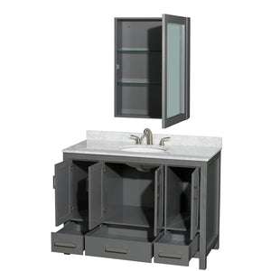Sheffield 48 Inch Single Bathroom Vanity in Dark Gray White Carrara Marble Countertop Undermount Oval Sink and Medicine Cabinet