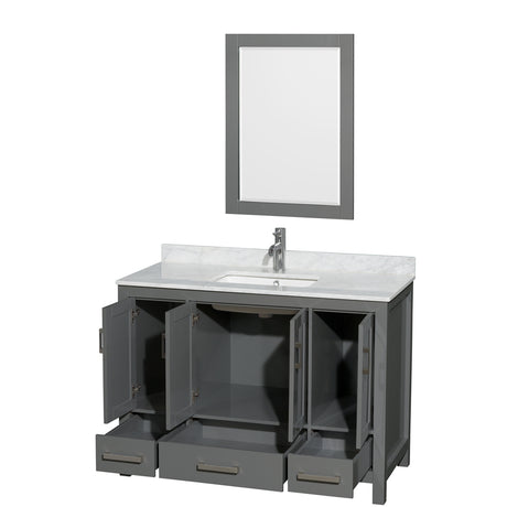 Sheffield 48 Inch Single Bathroom Vanity in Dark Gray White Carrara Marble Countertop Undermount Square Sink and 24 Inch Mirror