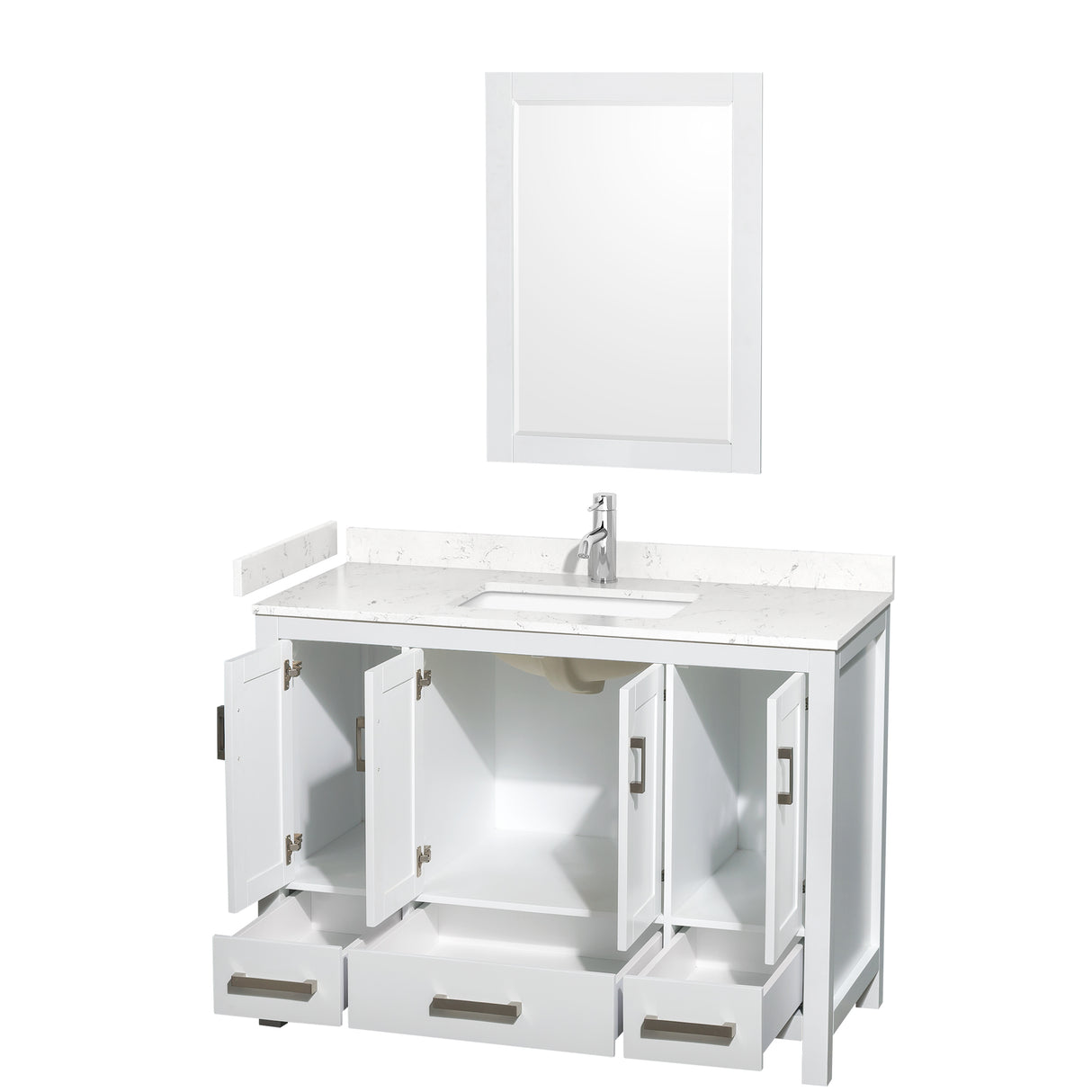 Sheffield 48 Inch Single Bathroom Vanity in White Carrara Cultured Marble Countertop Undermount Square Sink 24 Inch Mirror