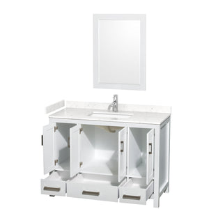 Sheffield 48 Inch Single Bathroom Vanity in White Carrara Cultured Marble Countertop Undermount Square Sink 24 Inch Mirror