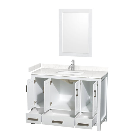 Sheffield 48 Inch Single Bathroom Vanity in White Carrara Cultured Marble Countertop Undermount Square Sink 24 Inch Mirror