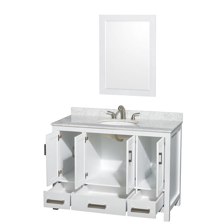 Sheffield 48 Inch Single Bathroom Vanity in White White Carrara Marble Countertop Undermount Oval Sink and 24 Inch Mirror