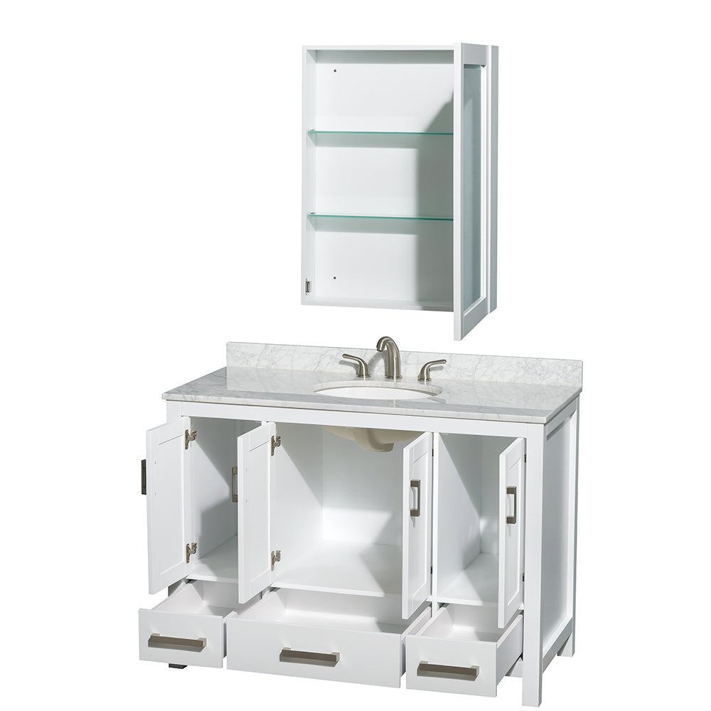 Sheffield 48 Inch Single Bathroom Vanity in White White Carrara Marble Countertop Undermount Oval Sink and Medicine Cabinet