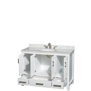 Sheffield 48 Inch Single Bathroom Vanity in White White Carrara Marble Countertop Undermount Oval Sink and No Mirror