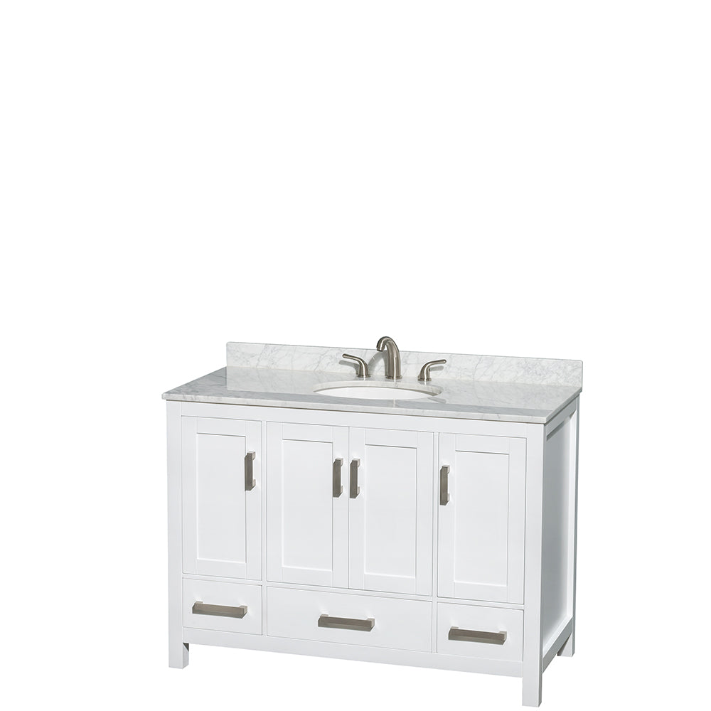 Sheffield 48 Inch Single Bathroom Vanity in White White Carrara Marble Countertop Undermount Oval Sink and 24 Inch Mirror