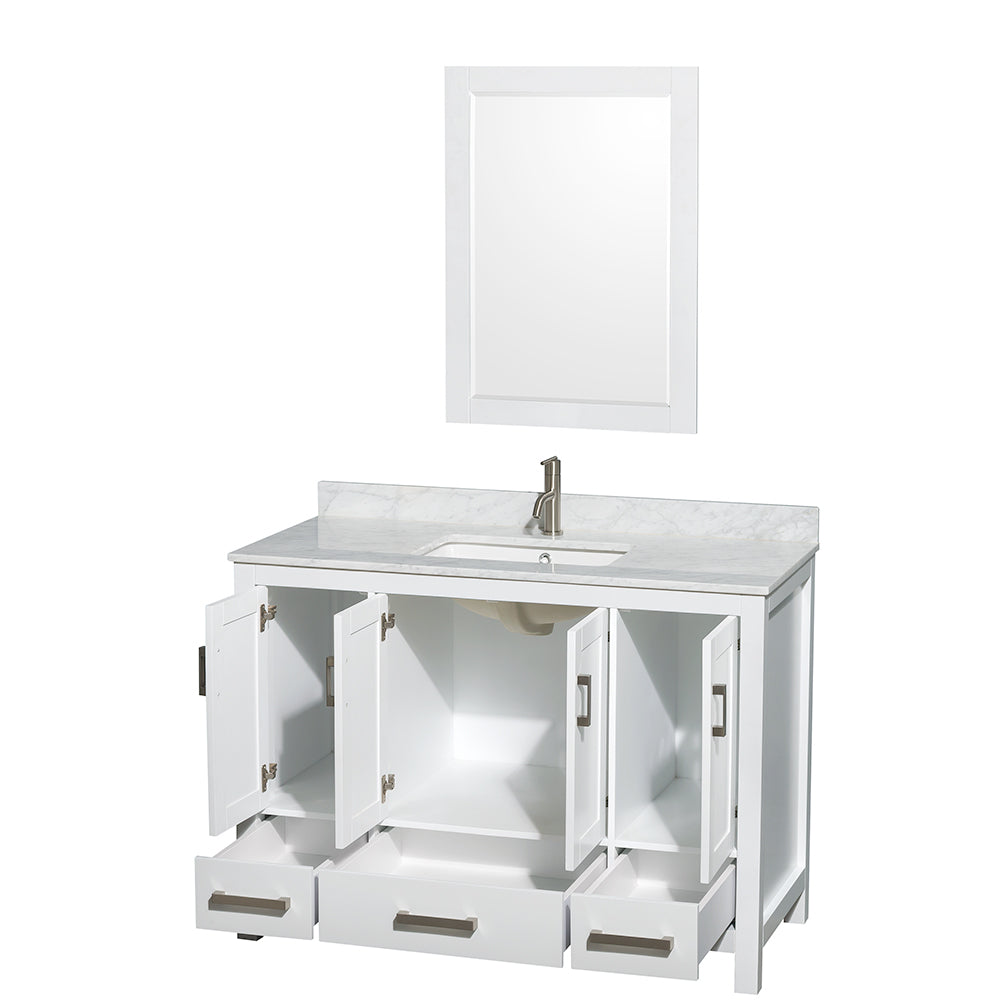 Sheffield 48 Inch Single Bathroom Vanity in White White Carrara Marble Countertop Undermount Square Sink and 24 Inch Mirror