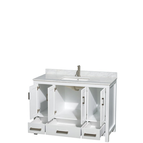 Sheffield 48 Inch Single Bathroom Vanity in White White Carrara Marble Countertop Undermount Square Sink and No Mirror