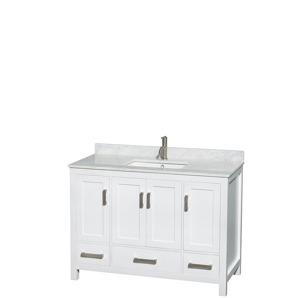 Sheffield 48 Inch Single Bathroom Vanity in White White Carrara Marble Countertop Undermount Square Sink and Medicine Cabinet