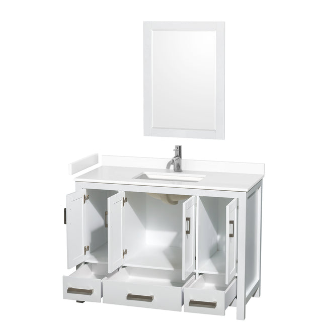 Sheffield 48 Inch Single Bathroom Vanity in White White Cultured Marble Countertop Undermount Square Sink 24 Inch Mirror