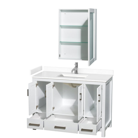 Sheffield 48 Inch Single Bathroom Vanity in White White Cultured Marble Countertop Undermount Square Sink Medicine Cabinet